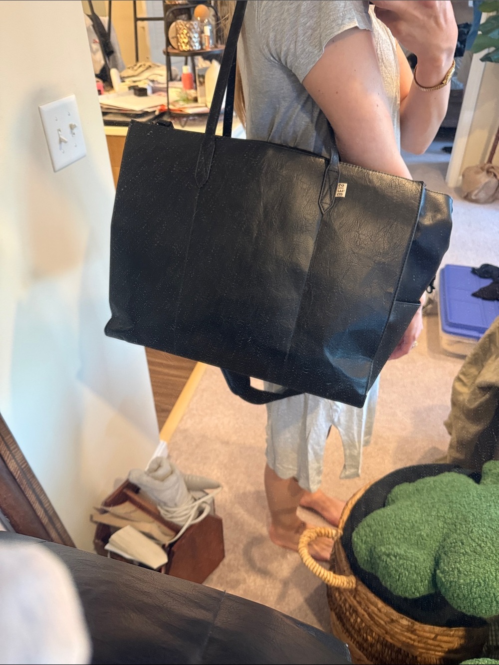 BEIS Black Faux Leather The Work Tote